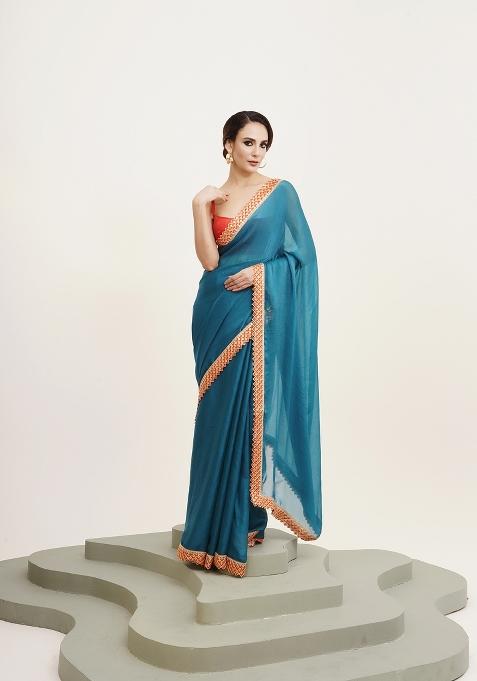 Teal Blue Embellished Chiffon Saree Set
