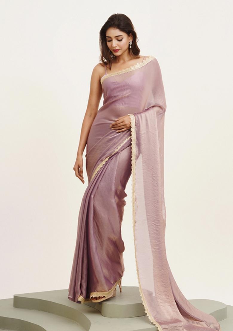 Lavender Sequinned Satin Saree Satin Saree Set