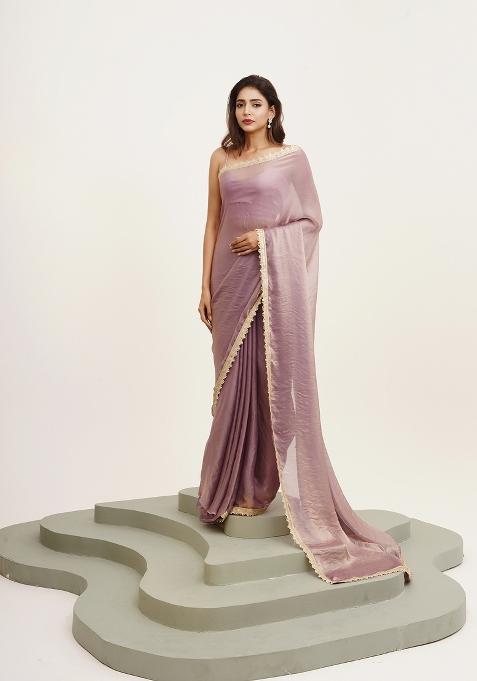 Lavender Sequinned Satin Saree Satin Saree Set
