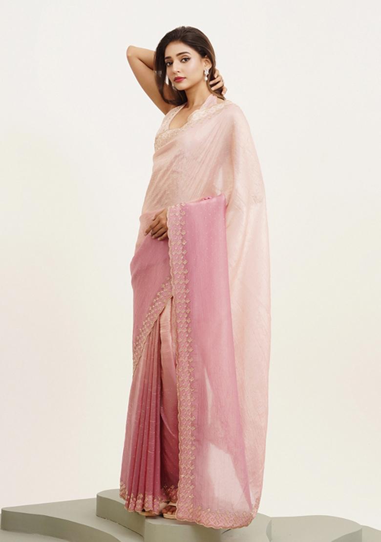 Pink Embellished Tissue Saree Set