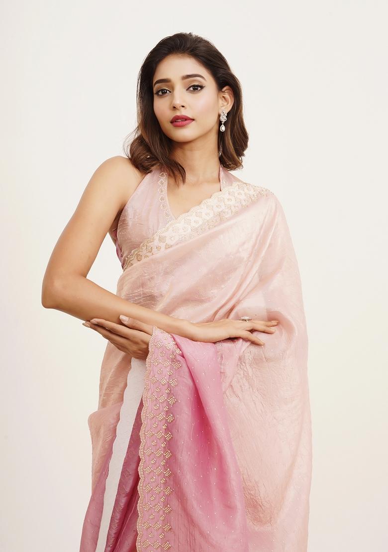 Pink Embellished Tissue Saree Set