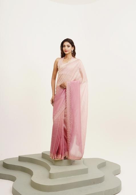Pink Embellished Tissue Saree Set