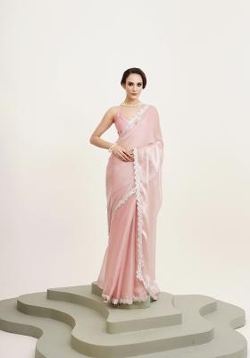 Pink Embellished Organza Saree Set