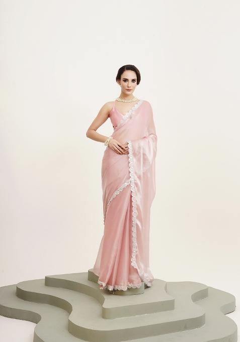 Pink Embellished Organza Saree Set