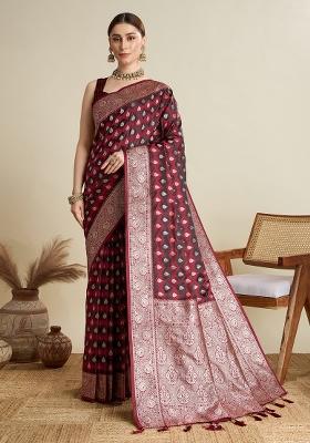 Maroon Wevon Jari Designer Satin Silk Saree Set