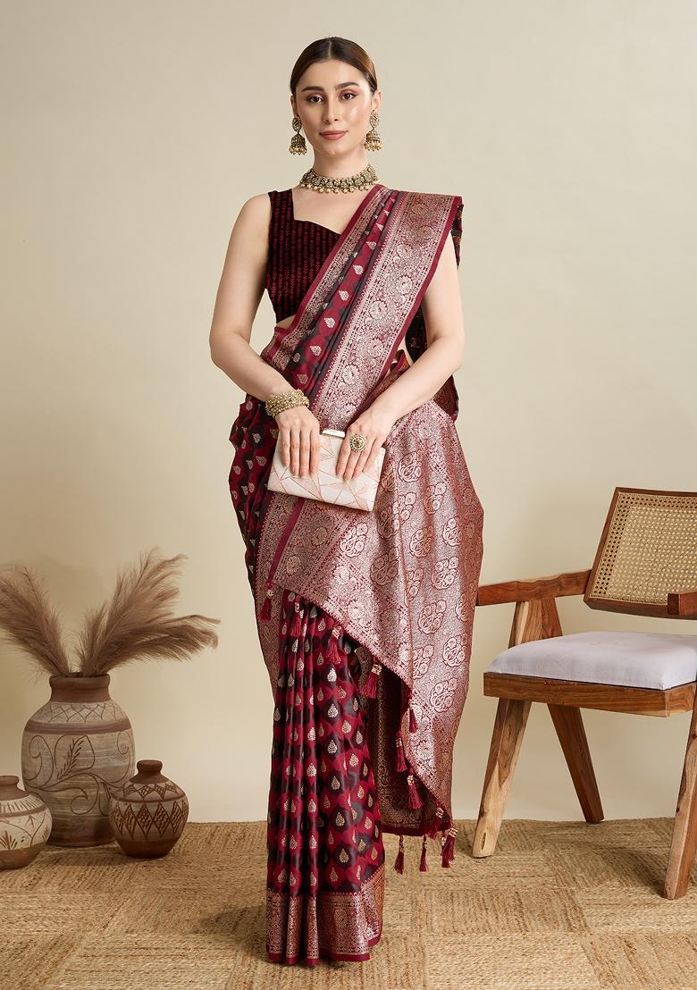 Maroon Wevon Jari Designer Satin Silk Saree Set