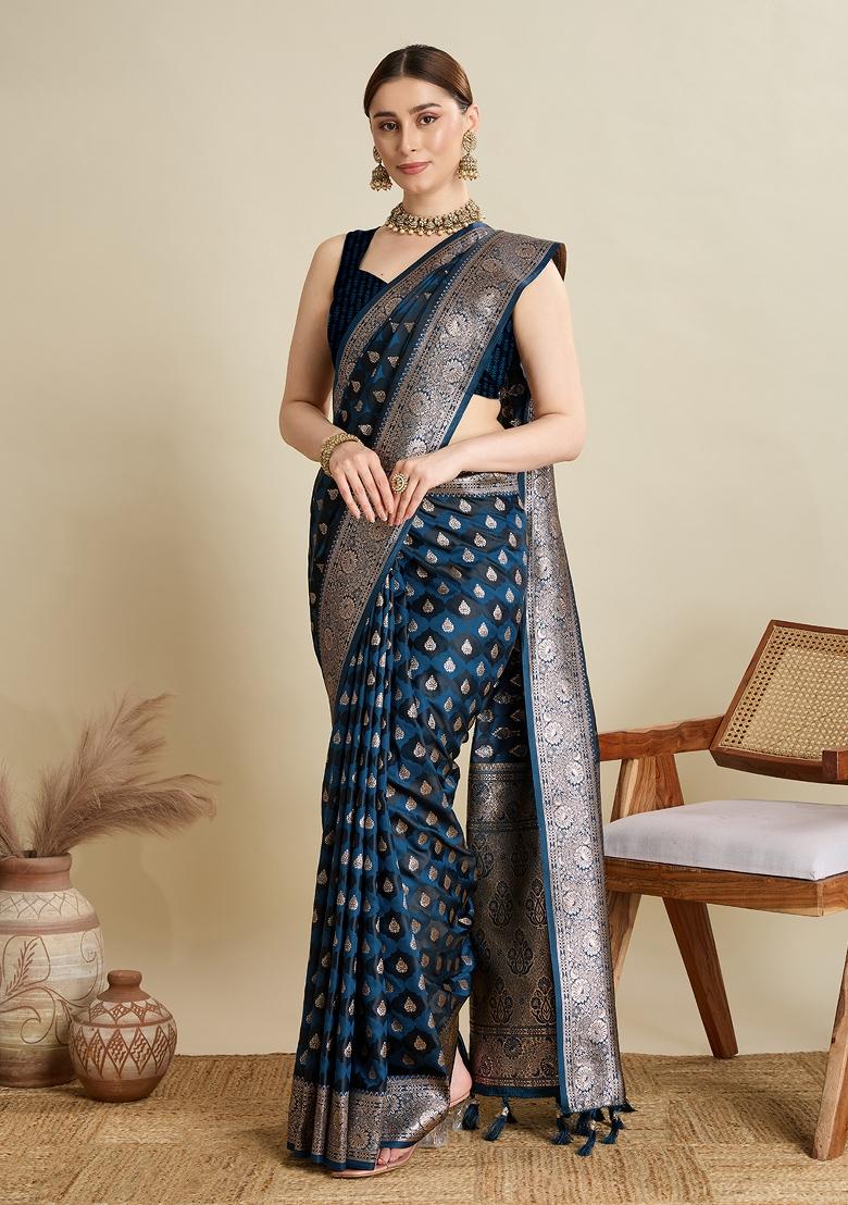 Teal Blue Wevon Jari Designer Satin Silk Saree Set