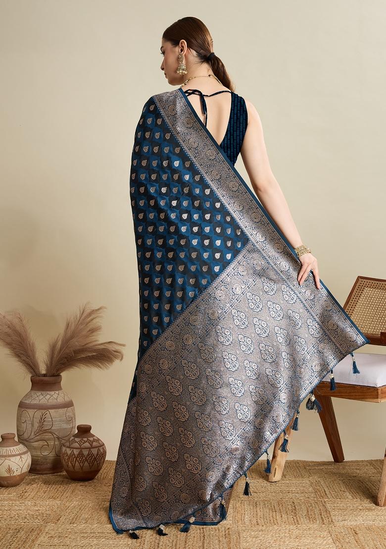 Teal Blue Wevon Jari Designer Satin Silk Saree Set