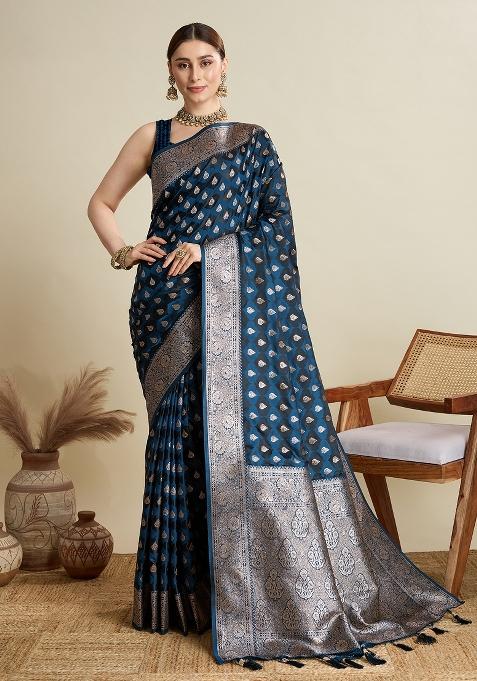 Teal Blue Wevon Jari Designer Satin Silk Saree Set
