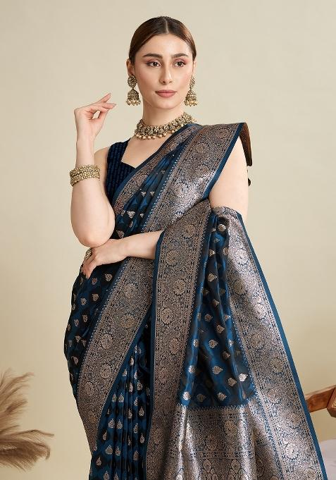 Teal Blue Wevon Jari Designer Satin Silk Saree Set