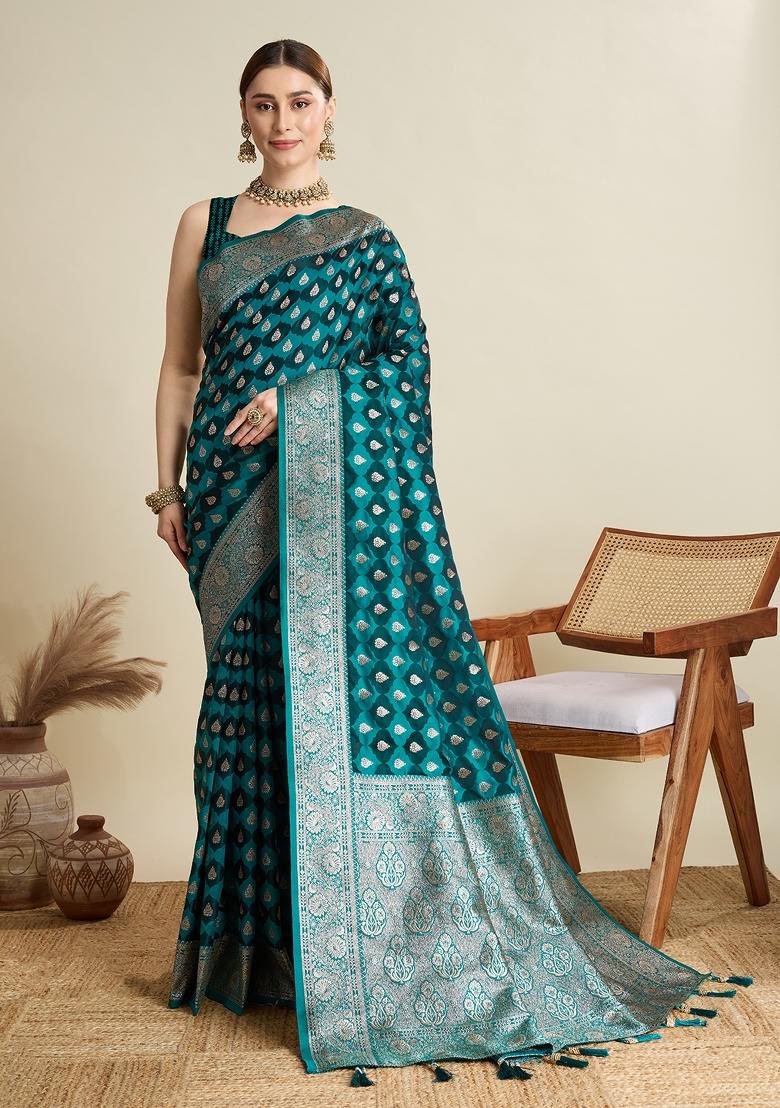 Sea Green Wevon Jari Designer Satin Silk Saree Set