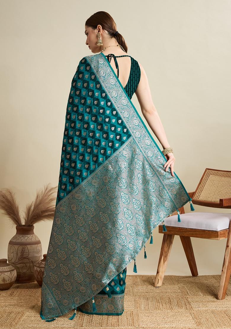 Sea Green Wevon Jari Designer Satin Silk Saree Set