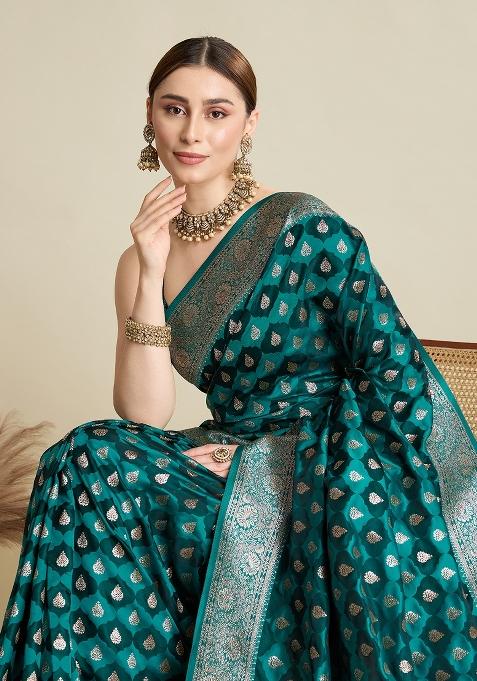 Sea Green Wevon Jari Designer Satin Silk Saree Set