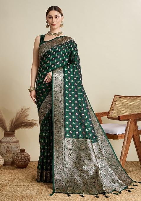 Green Wevon Jari Designer Satin Silk Saree Set