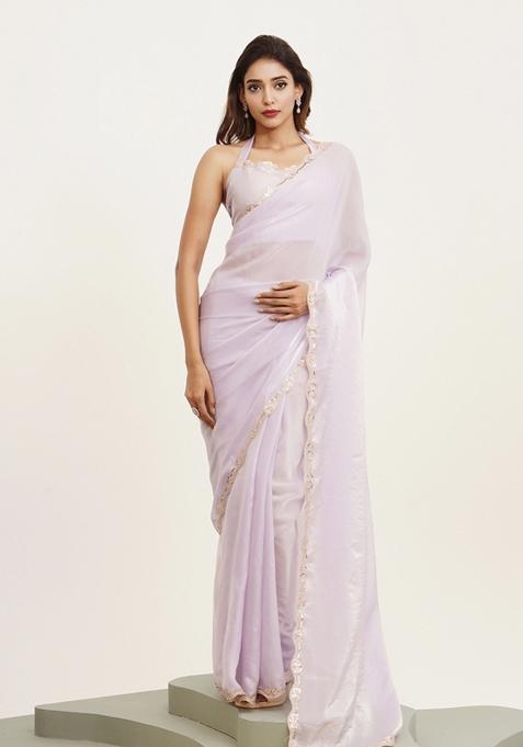 Lavender Embellished Tissue Saree Set