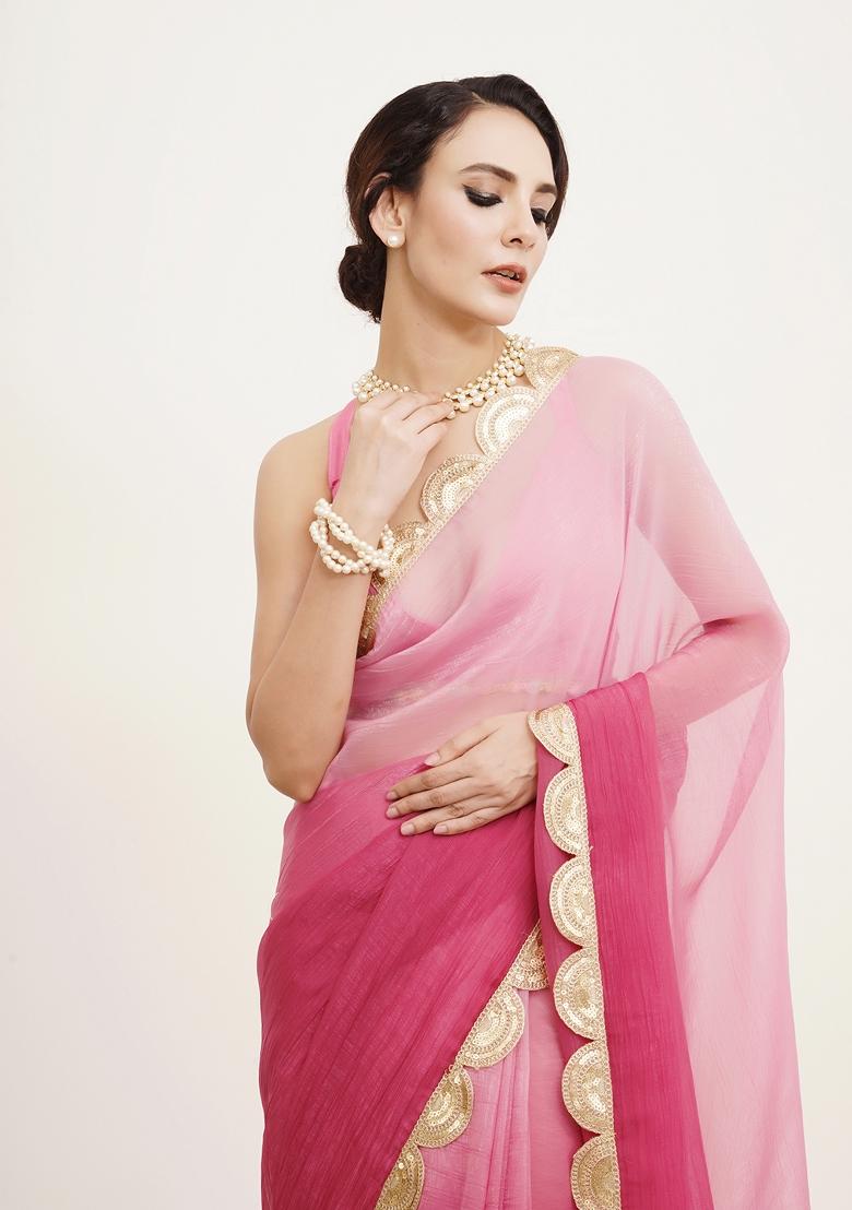 Pink Embellished Chiffon Saree Set