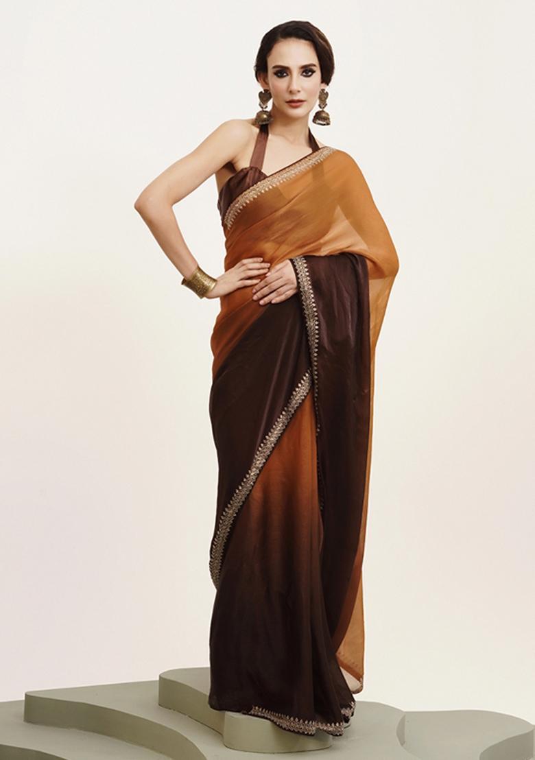 Brown Embellished Chiffon Saree Set