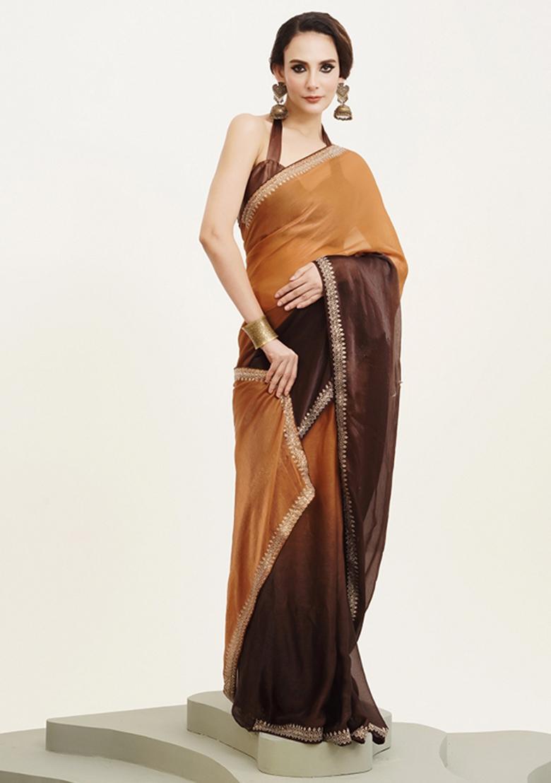 Brown Embellished Chiffon Saree Set