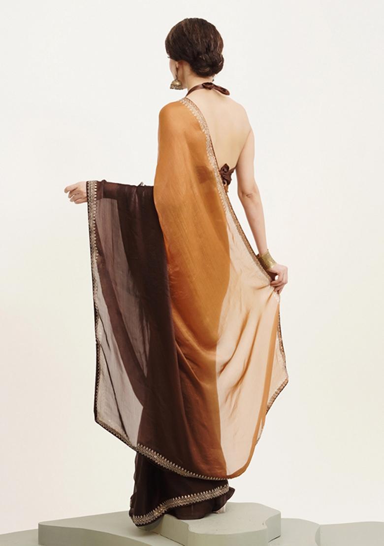 Brown Embellished Chiffon Saree Set