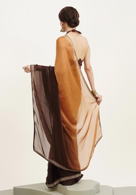 Brown Embellished Chiffon Saree Set