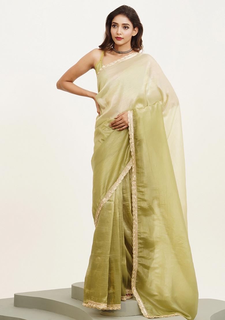Pista Green Embellished Chiffon Saree Set