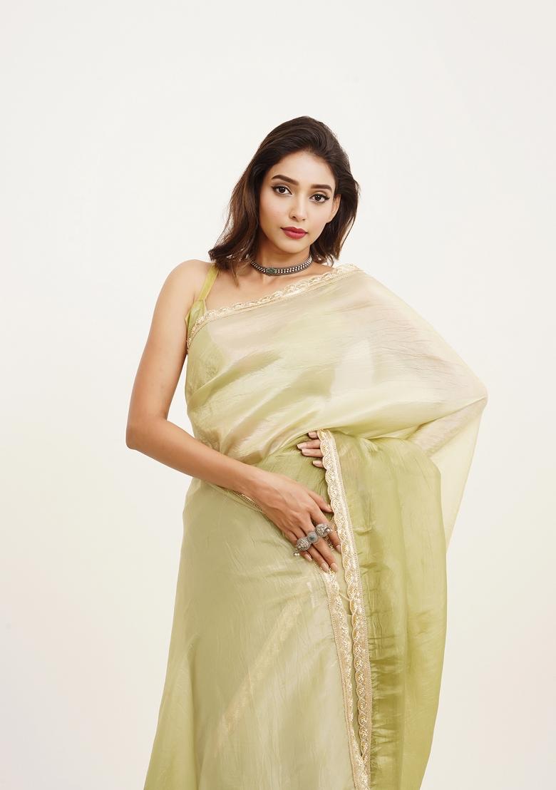 Pista Green Embellished Chiffon Saree Set
