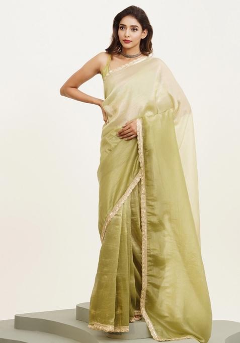 Pista Green Embellished Chiffon Saree Set