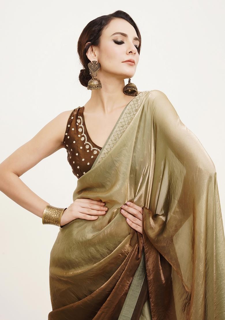 Green Embellished Satin Saree Set