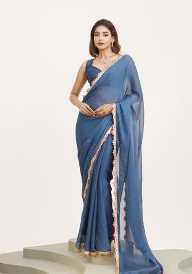Teal Blue Embellished Chiffon Saree Set
