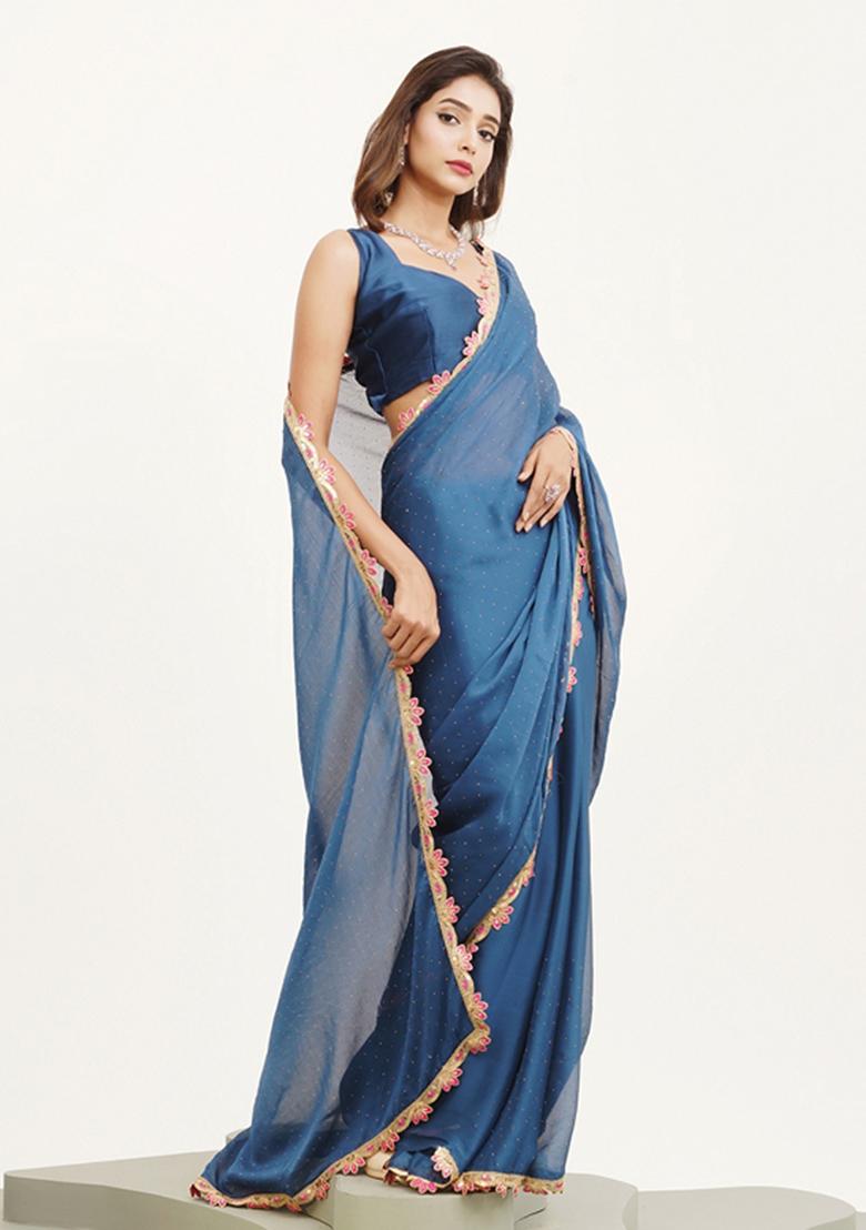 Teal Blue Embellished Chiffon Saree Set