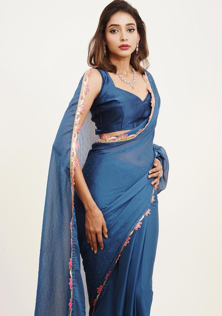 Teal Blue Embellished Chiffon Saree Set