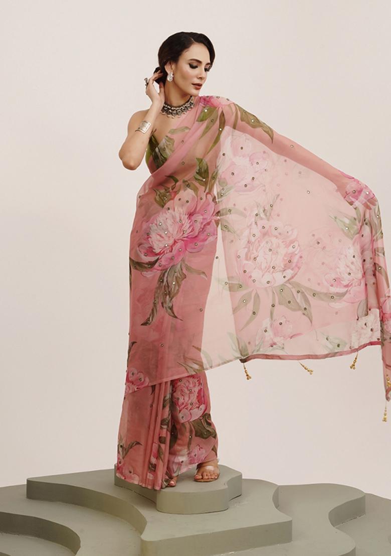 Pink Mirror Work Floral Organza Saree Organza Saree Set