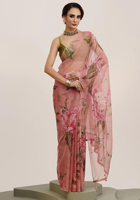 Pink Mirror Work Floral Organza Saree Organza Saree Set