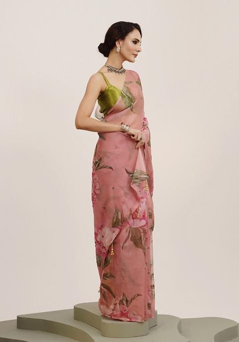 Pink Mirror Work Floral Organza Saree Organza Saree Set
