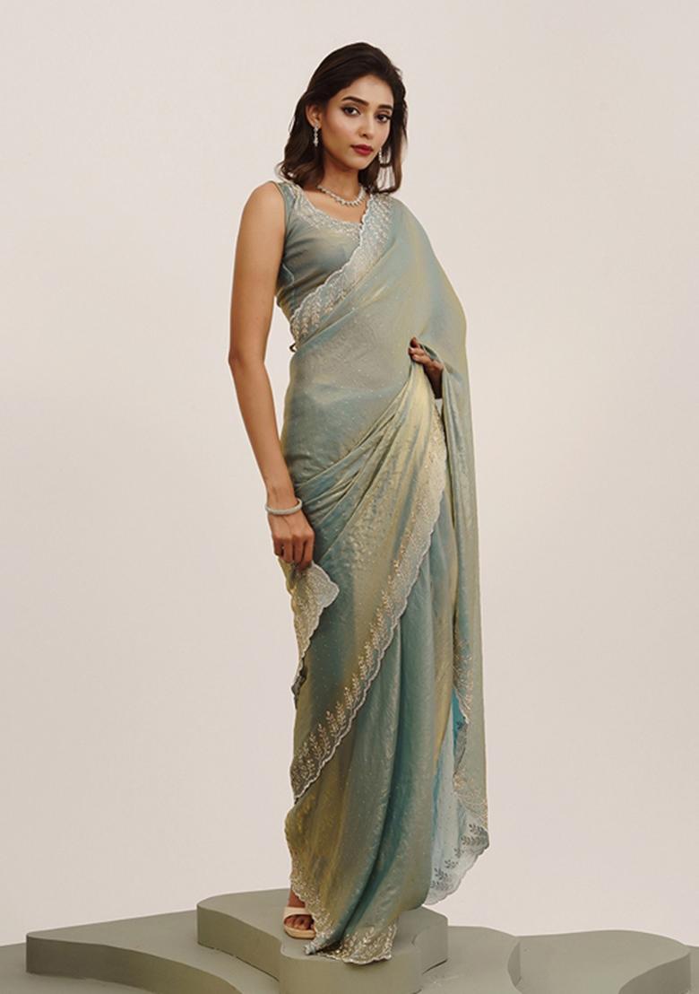 Metallic Grey Embellished Satin Saree Set