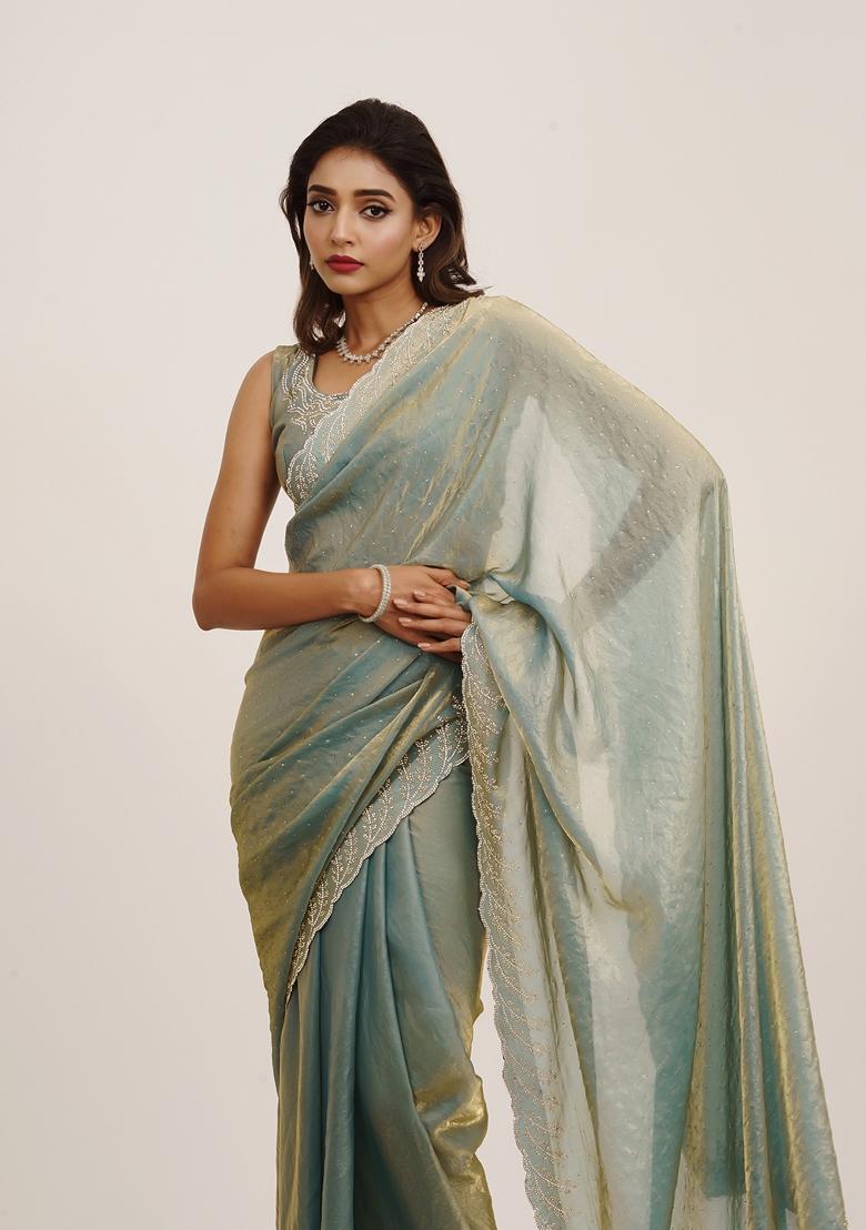 Metallic Grey Embellished Satin Saree Set