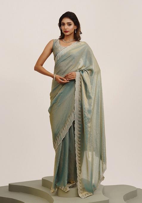 Metallic Grey Embellished Satin Saree Set
