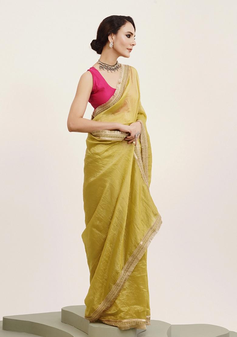 Lime Yellow Embellished Silk Blend Saree Set