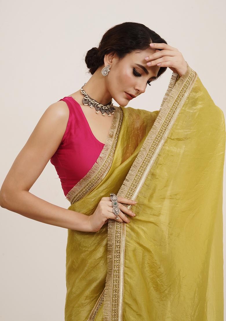 Lime Yellow Embellished Silk Blend Saree Set