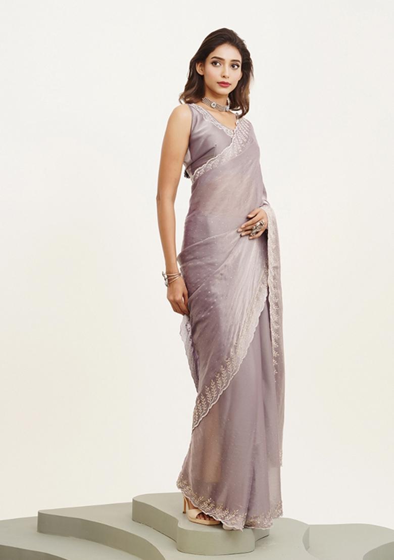 Lavender Embellished Satin Saree Set