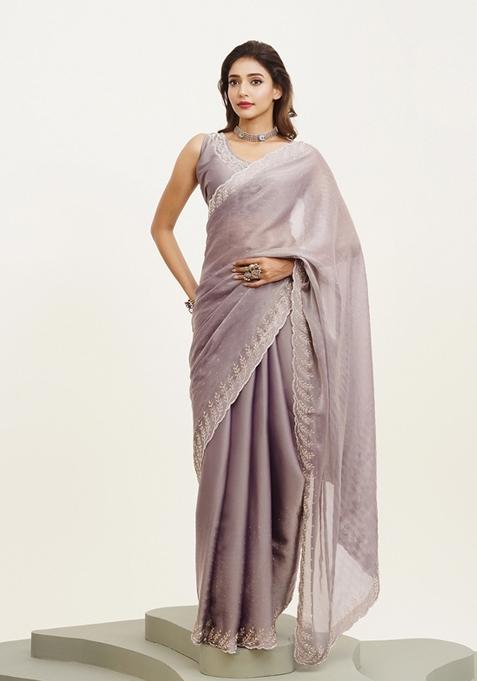 Lavender Embellished Satin Saree Set