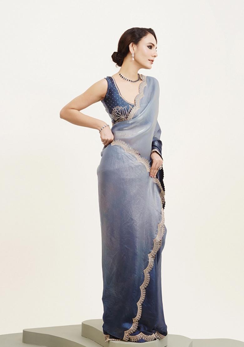 Blue Embellished Satin Saree Set