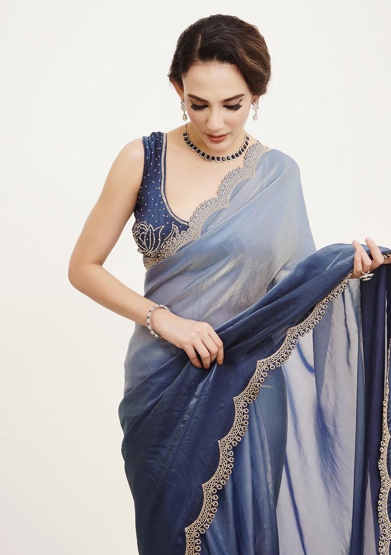 Blue Embellished Satin Saree Set