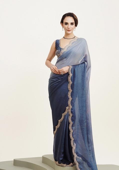 Blue Embellished Satin Saree Set