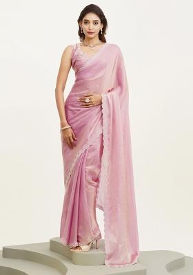 Pink Embellished Silk Blend Saree Set