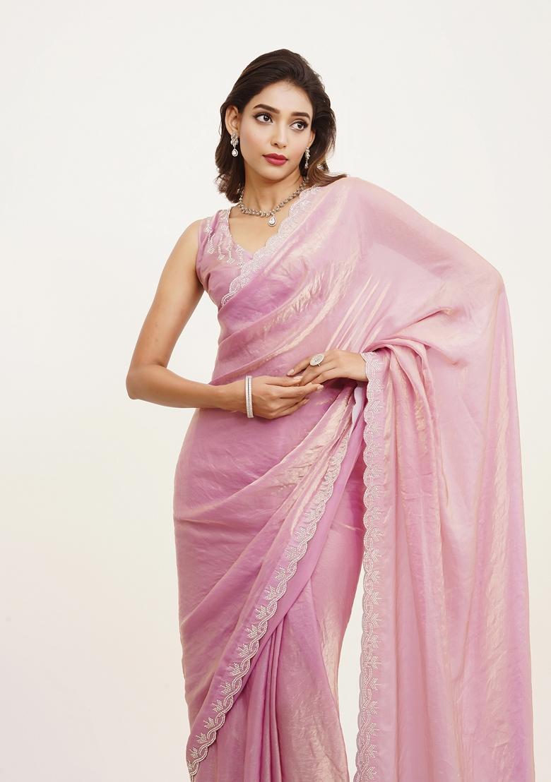 Pink Embellished Silk Blend Saree Set