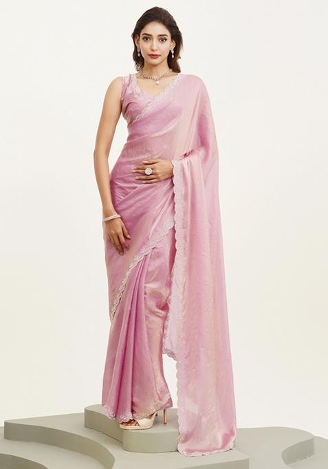 Pink Embellished Silk Blend Saree Set