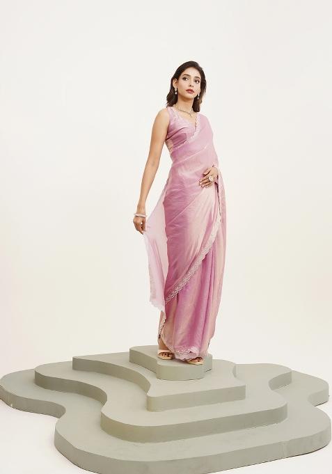 Pink Embellished Silk Blend Saree Set