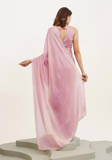 Pink Embellished Silk Blend Saree Set