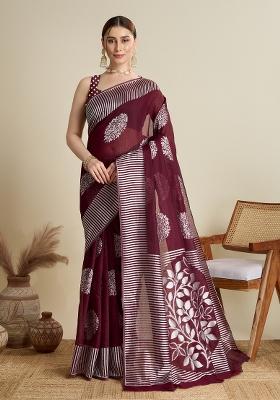 Wine Wevon Flower Designer Soft Silk Saree Set